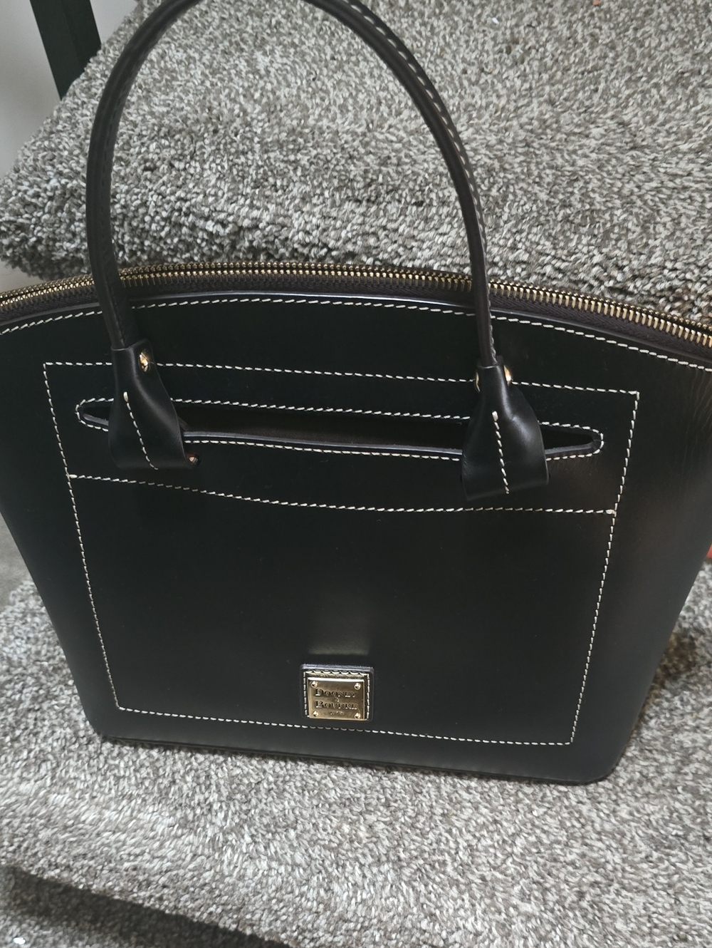 Dooney & Bourke Inspired Black Leather Satchel with Contrast Stitching